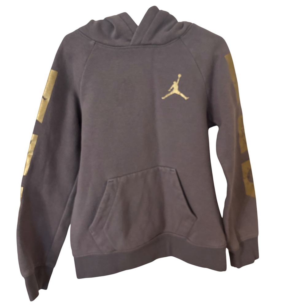 Jordan Hoodie Kids Medium Gray Gold Logo Pullover Sweatshirt EUC Fall Winter EUC